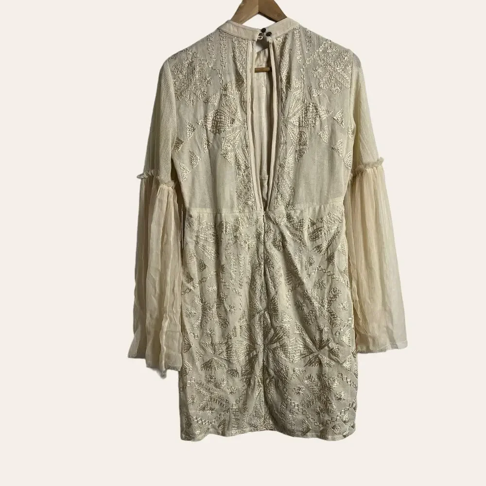 Free People Cleo Cream Embroidered Flare Sleeve Mock Neck Mini Dress 6